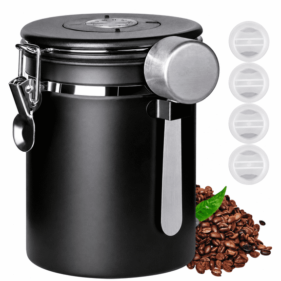 GMOX 22 oz Airtight Coffee Canister with Date Tracker and Measuring Scoop, Stainless Steel Coffee Bean and Ground Coffee Storage Jar, Black