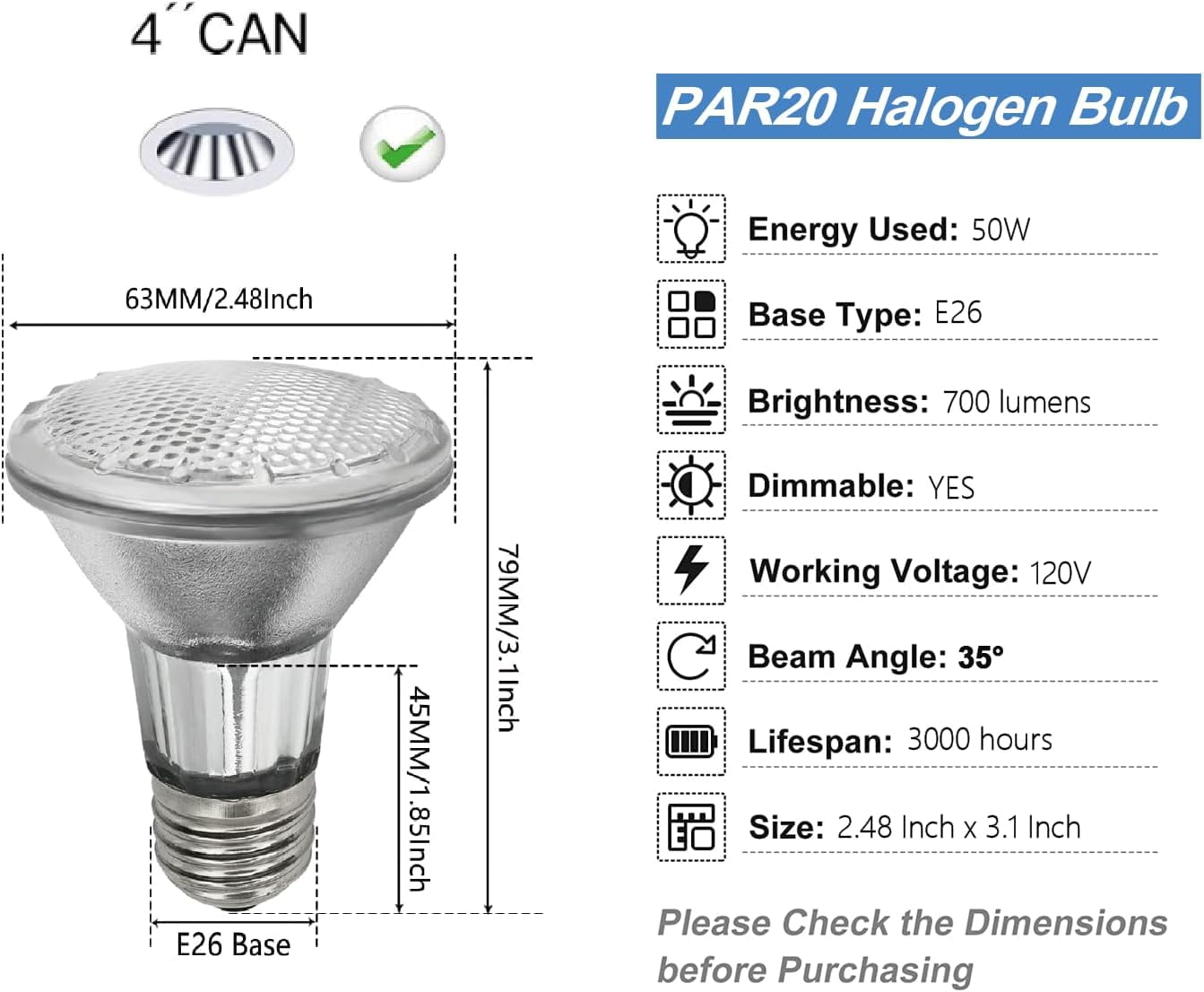 PAR20 Halogen Light Bulbs 6 Pack 120V 50w Dimmable, E26 Medium Base Flood Light Bulbs with 3000k Warm White,High Output Reflector for Kitchen Oven Light Bulb and Range Hood Light Bulb.