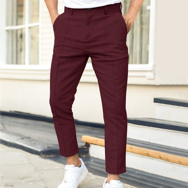 Puntoco Pantalones de hombre con doble pliegue, color liso, informales, para otoño e invierno