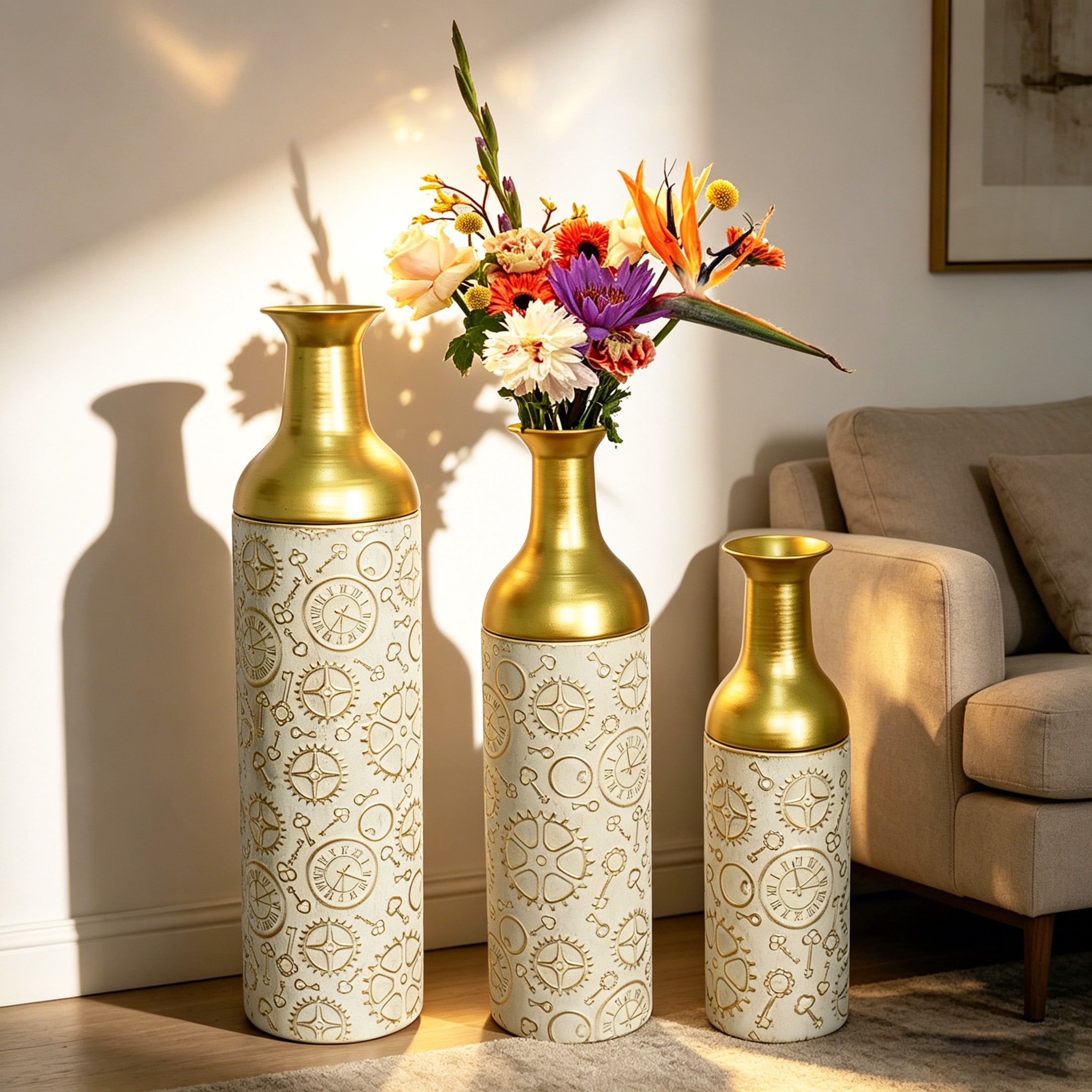 Noble House Set of 3 Decorative Metal Floor Vases, Clockwork Pattern Tall Vases, Antique White+Gold