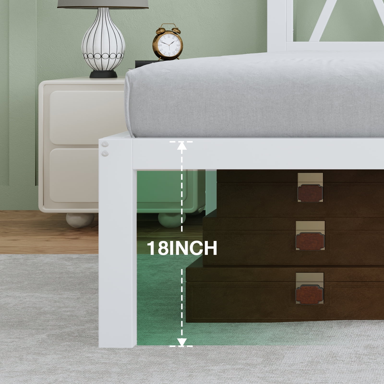Novilla 18 Inch Full Size Bed Frame With Headboard, White Metal Platform Bed Frame, Full Bed Frame No Box Spring Needed, Easy Assembly, Strong Wood Slats Support