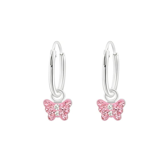 Pink Butterfly 925 Sterling Silver Hoop Earrings with Crystals