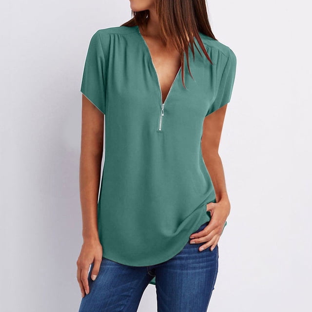 Mefallenssiah Débardeur Court Femme Été Manches Courtes Fermeture à Glissière Tunique Décontractée Col en V Blouse Roulable
