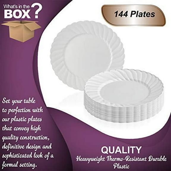 Disposable Plastic Dinner Plates 144 Pcs - 10.25" Heavy Duty Flared White Dinner Plates - Bulk Party Supplies For All Occasions
