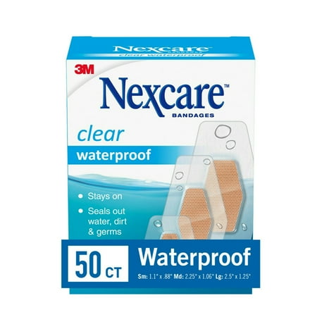 Nexcare Waterproof Clear Bandages, Assorted Sizes, 50 Count
