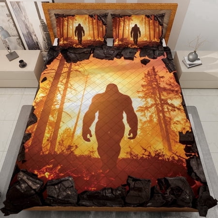 Lotusprinthandmade Bigfoot in Forest Quilt Bedding Set, White Binding, 60x70