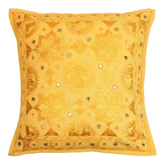 Stylo Culture Indian Decorative Throw Pillow Cover 16 x 16 Embroidered Mustard Yellow Bohemian 40cm x 40cm Bedroom Cotton Mirrored Square Cushion Cover | 1 Pc