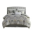 thumbnail image 2 of King Size 6-Piece Grey Cotton Comforter Set with Damask Pattern, Includes Comforter, Shams, Bedskirt & Decorative Pillows, 2 of 15