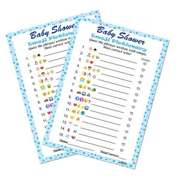 Baby Shower Emoji Pictionary Game, Blue for Boy, Baby Shower and Sprinkle Party Ideas, Play Pack of 30 Cards 5”x7”. Made in USA