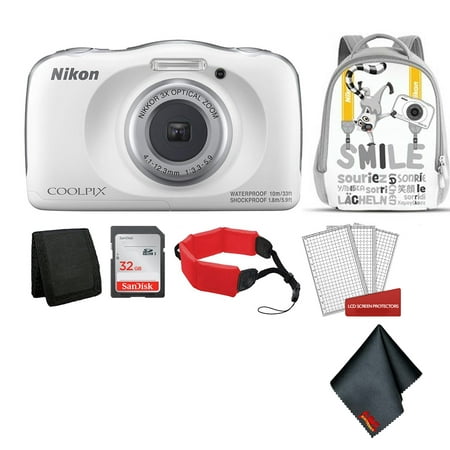 Nikon Coolpix W150 Kid-Friendly Rugged Waterproof Digital Camera (White) Bundle with White Backpack + 32GB SanDisk Memory Card + More (Intl