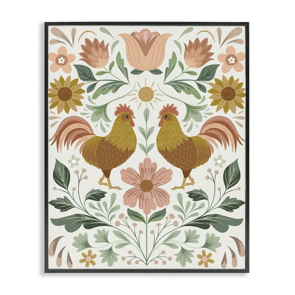 Stupell Industries Hen & Florals Pattern Animals Painting Black Framed Art Print Wall Art, 11 x 14