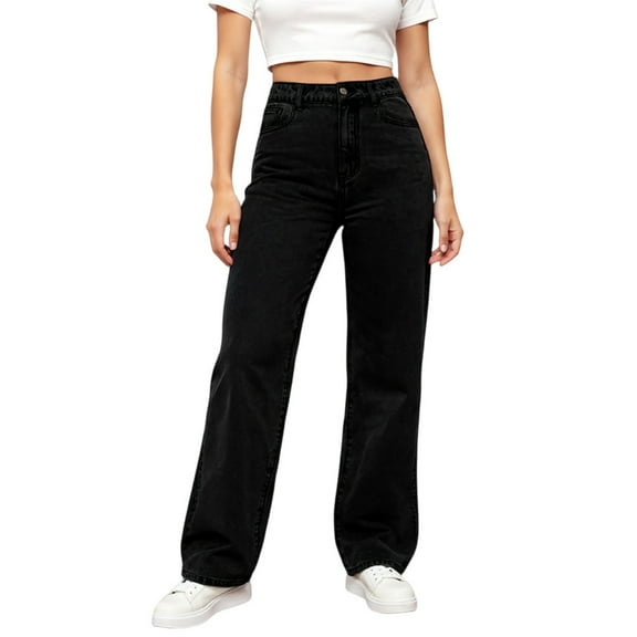 High Waisted Wide Leg Jeans for Women Vintage Washed Black Denim Pants Casual Loose Fit Straight Trousers Comfortable Everyday Wear