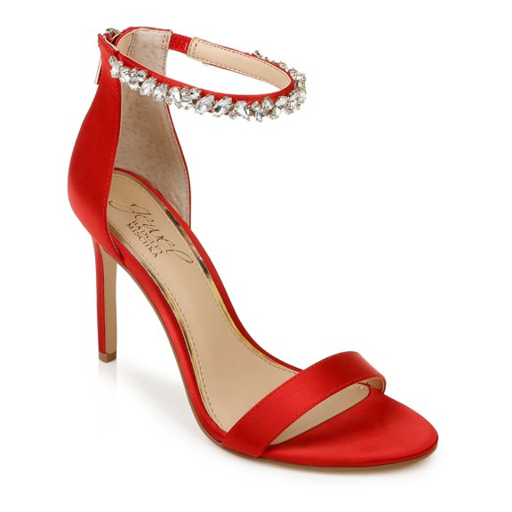 JEWEL BADGLEY MISCHKA Womens Red Ankle Strap Embellished Unique Round Toe Stiletto Zip-Up Dress Sandals Shoes 9.5 M