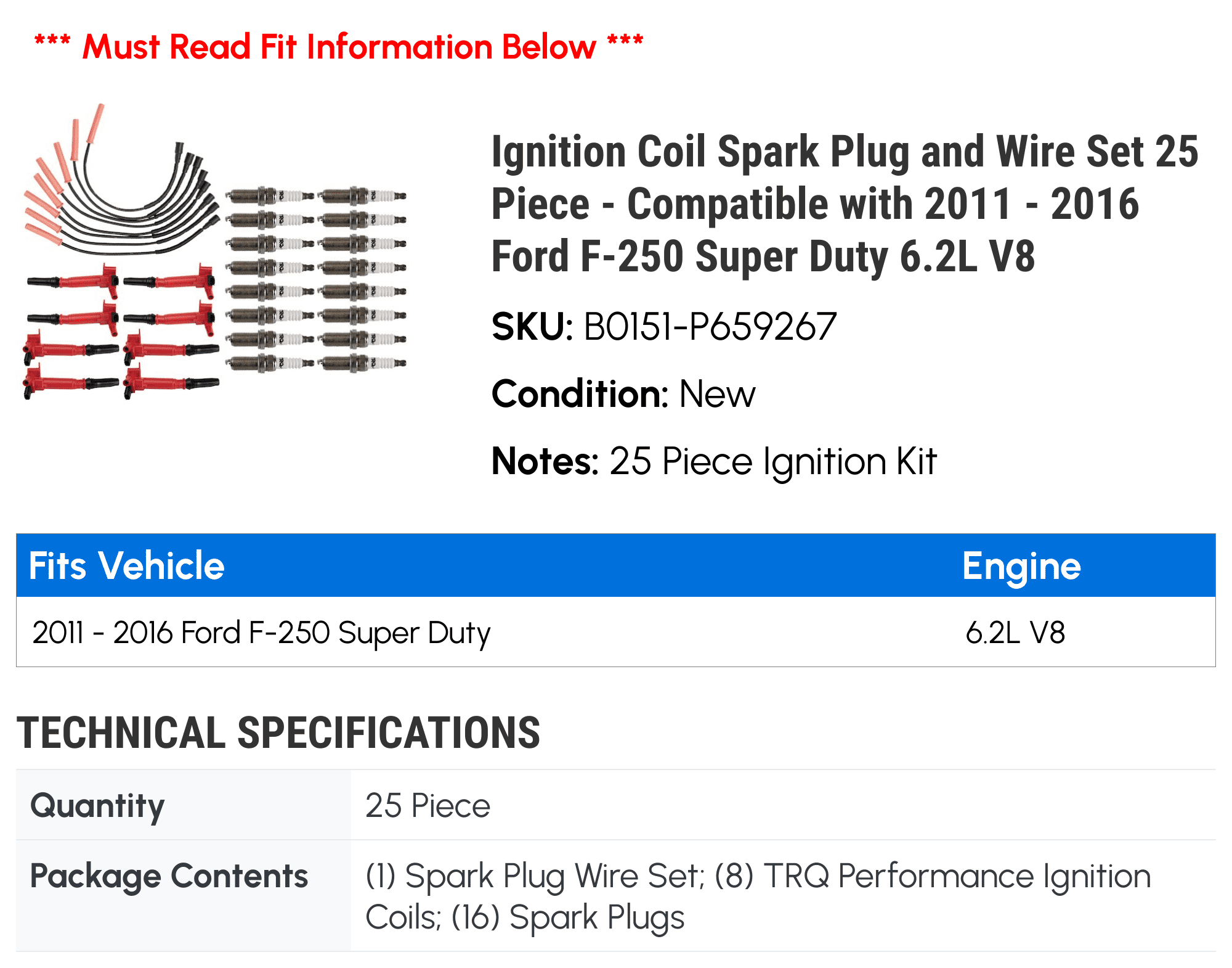 Ignition Coil Spark Plug and Wire Set 25 Piece - Compatible with 2011 - 2016 Ford F-250 Super Duty 6.2L V8 2012 2013 2014 2015