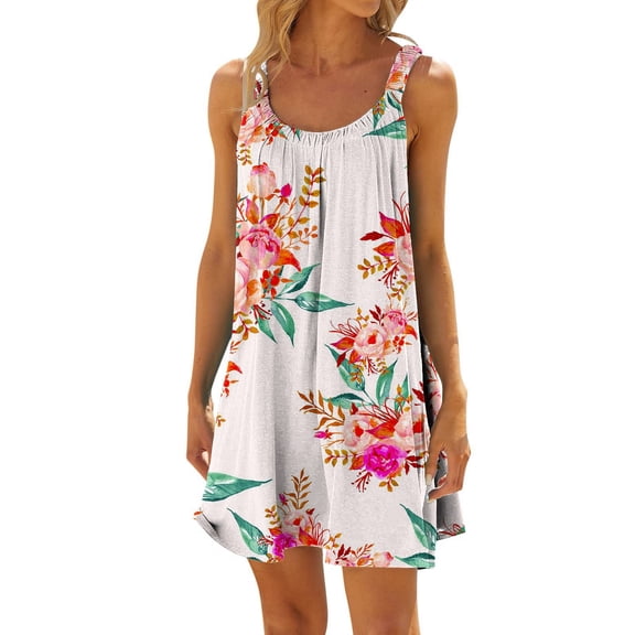 Women's Summer Floral Printed Pleated Sleeveless Dress Shoulder Strap Beach Casual Comfortable Lightweight Fashion Womens Casual Trendy Midi Dresses
