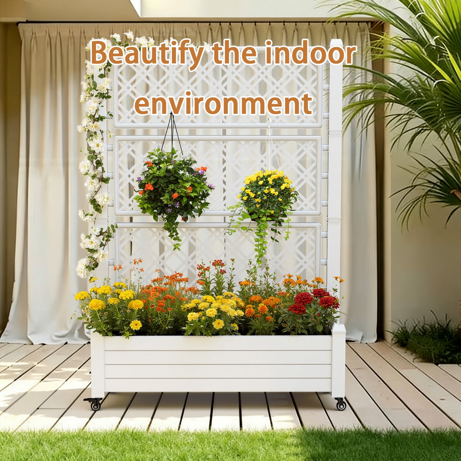 Fazzn Raised Garden Bed with Trellis, Large Outdoor Planter Trellis Box with Drainage Holes and Wheels for Climbing Plants.(Ashen）