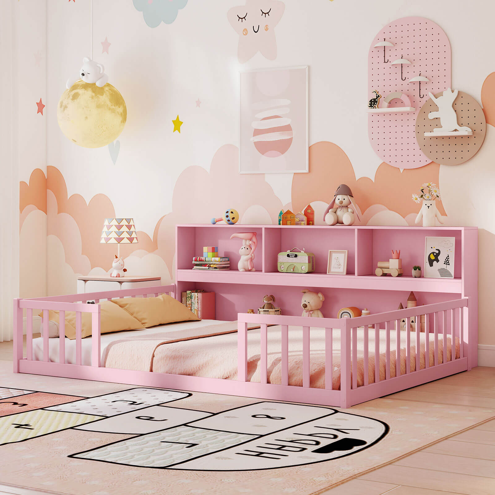 Costway Full Size Montessori Floor Bed with Bookcase Storage Shelves & Safety Fence Rails Pink