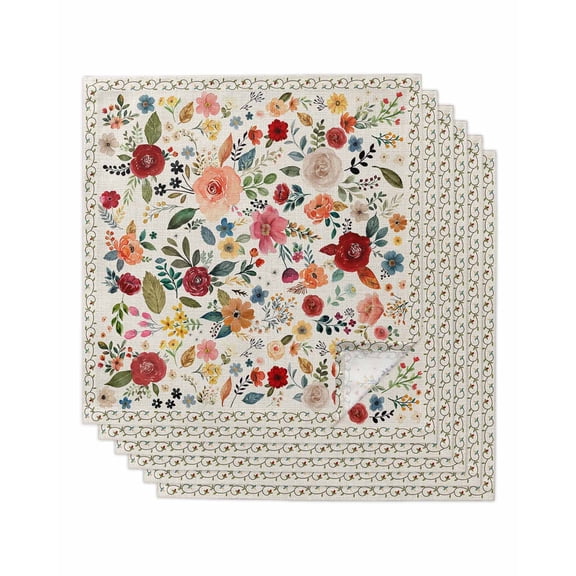 Watercolor Flowers Cloth Napkins Set of 6 Reusable Dinner Napkins, Rustic Spring Floral Botanical Beige Cocktail Napkin Washable Table Napkins for Wedding/Holiday Party/Baby Shower 20"x20"