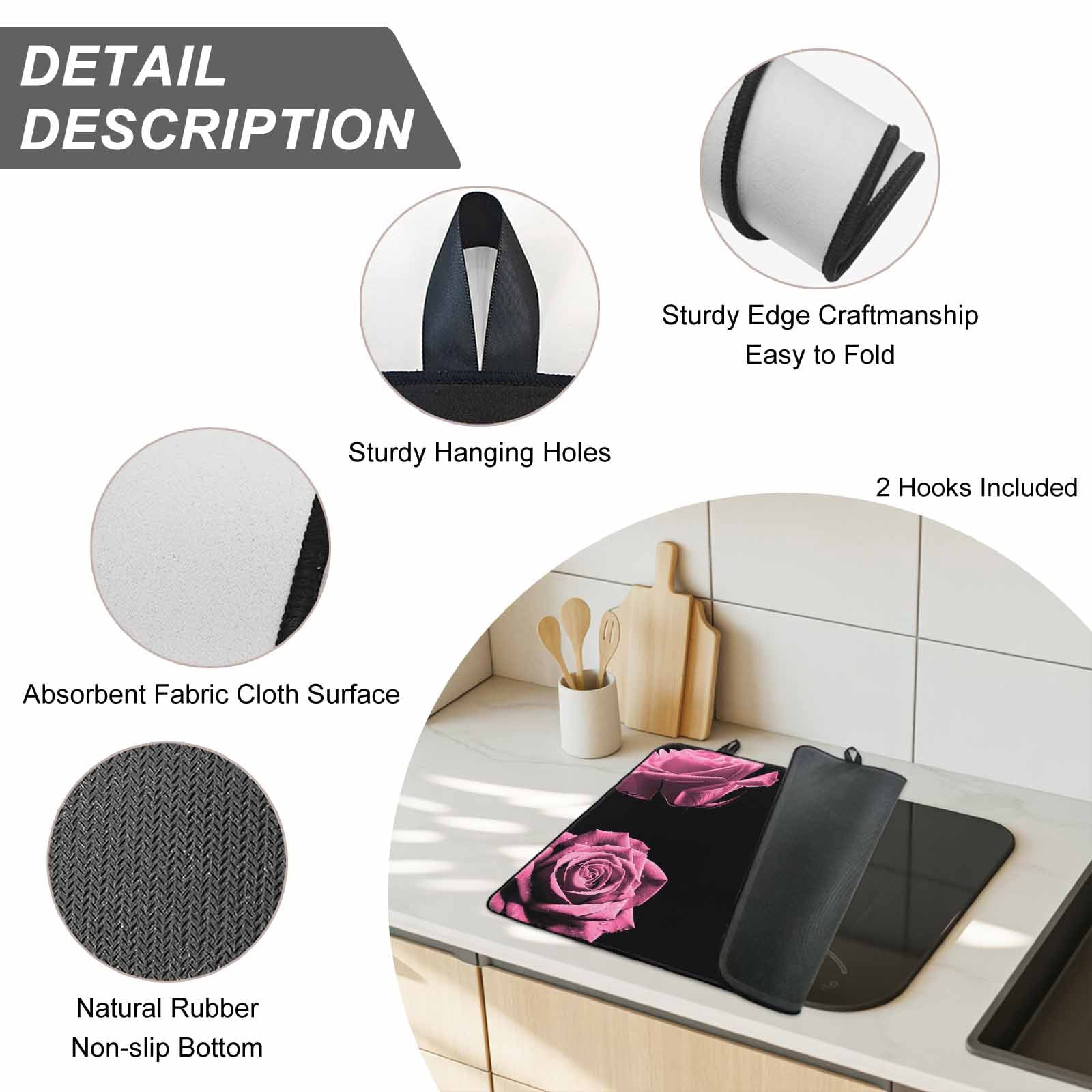 Pink Rose Stove Top Cover for Electric Stove, Heat-proof & Non Slip Glass Top Stove Cover Protector, Vintage Abstract Garden Flower Floral Black Kitchen Flat Cooktop Rubber Mat 24x21 Inches
