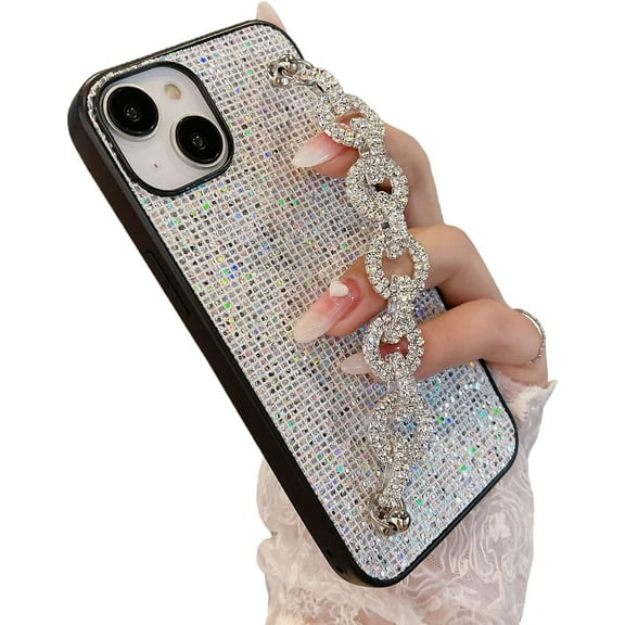 Glitter for iPhone 13 Pro Max Phone Case Luxury Bling Hand Strap Sparkle Diamond Cute Wrist Bracket Slim Thin Fit for Women Girls Shockproof Protective Cover Case for 13 Pro Max,6.7 Inch, Silver