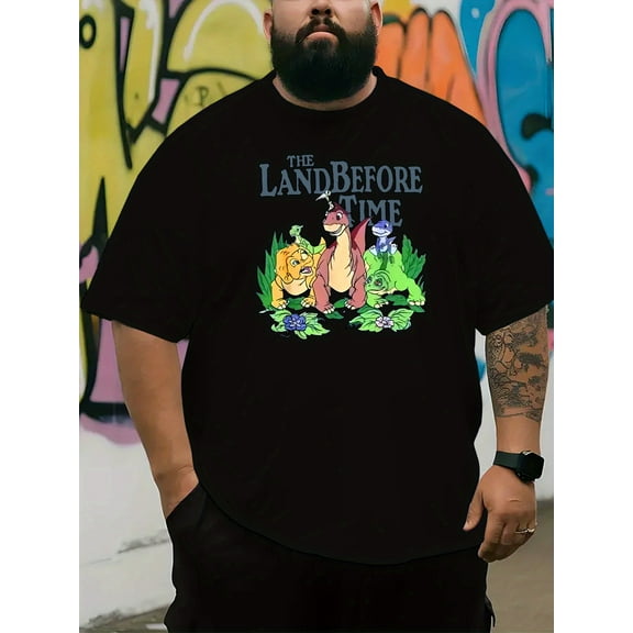 Men's Plus Size Cartoon Print T-Shirt - "The Land Before Time" Design, Red Crew Neck, Short Sleeve, Stretch Fabric, Casual & Sporty Style for Adults & Teens, Animated Movie Tee