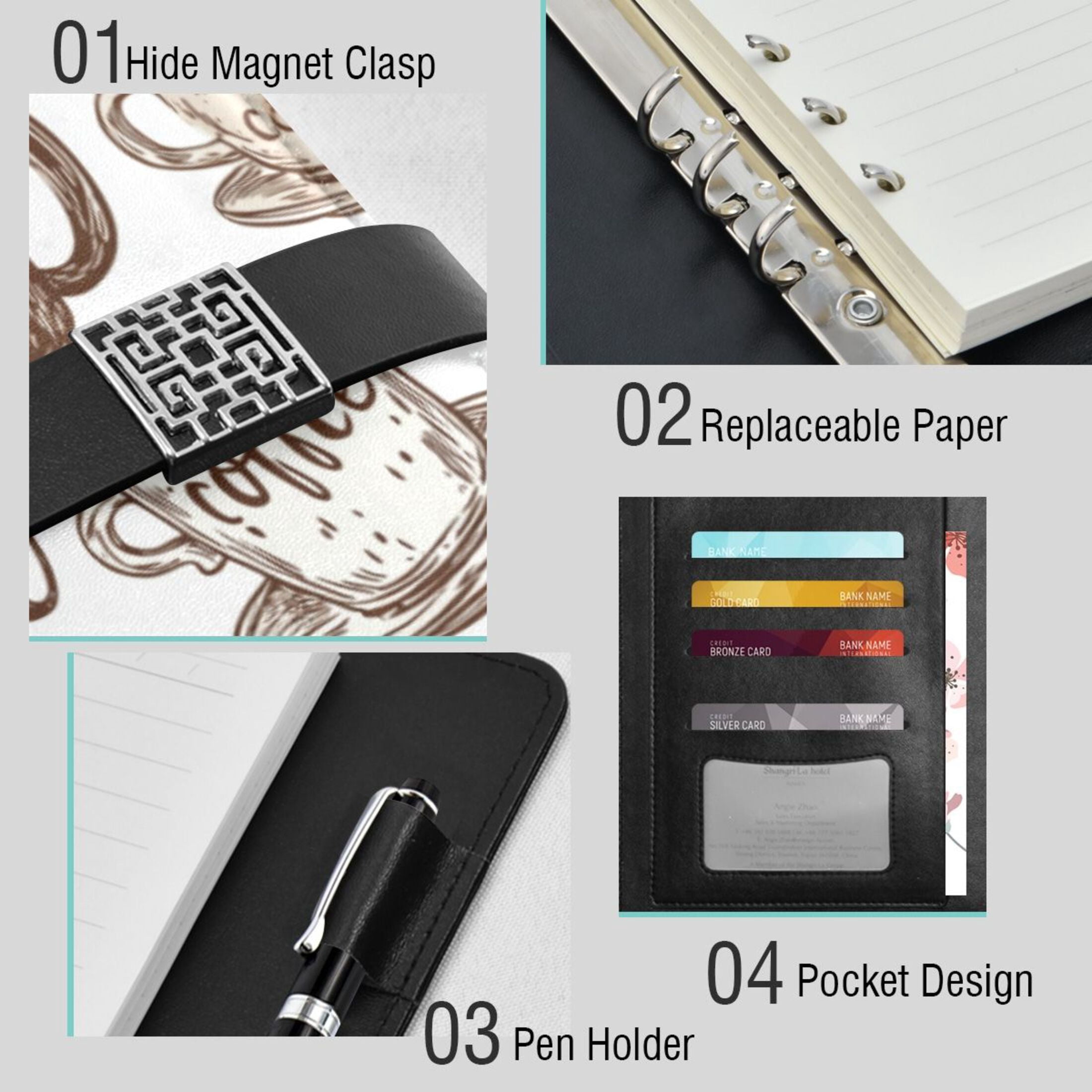 Leather Planner Leather Notebook Notebook Journal Binder Design Pen Pocket Design Convenient for Storage Coffee Cup Seamless