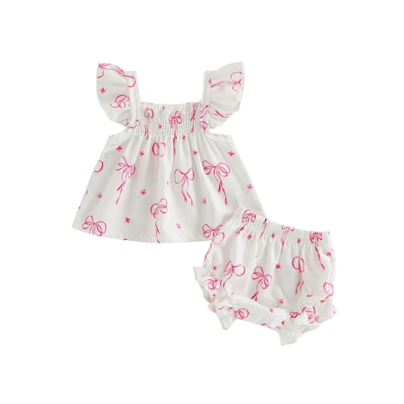 BemeyourBBs Newborn Baby Girls Summer Clothes Infant Baby Girls Smocked Outfits Cute Bow Print Flying Short Sleeve Babydoll Tunic Shirt Tops and Bubble Bloomer Shorts Set