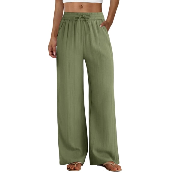 KDDYLITQ Womens Pants Cotton Linen Elastic High Waisted Trousers Wide Leg Drawstring Loose Joggers Palazzo Plus Size Loungewear with Pockets Army Green 2XL
