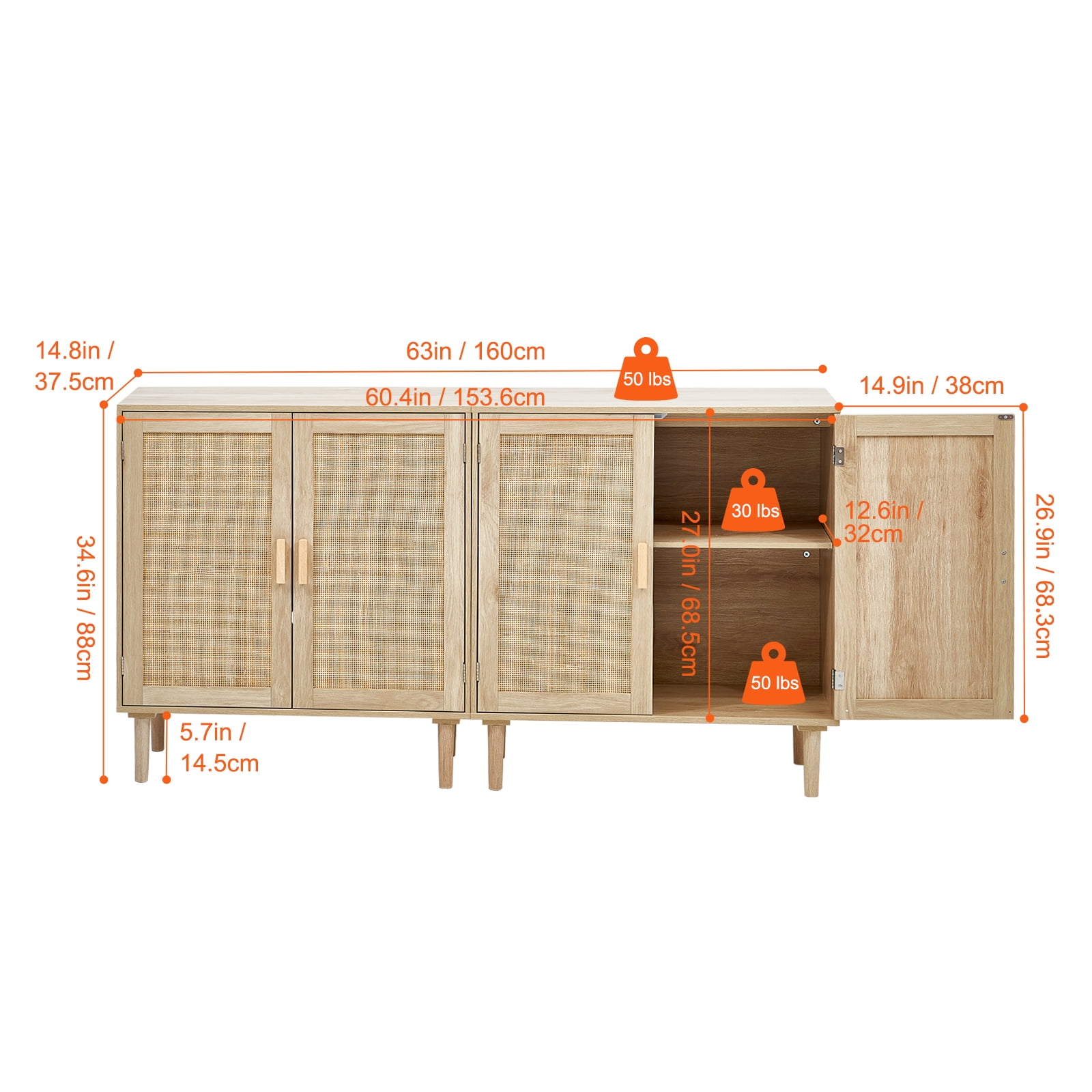 VEVOR Rattan Cabinet, Set of 2, Rattan Storage Cabinet with 4 Magnetic Doors and Adjustable Shelves, Sideboard Buffet Cabinet for Hallway, Entryway, Living Room, or Kitchen, Natural
