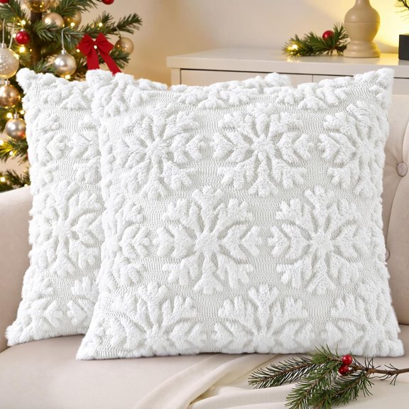 decorUhome Christmas Throw Pillow Covers 18x18 Pack of 2, Soft Plush Faux Wool Couch Pillow Covers, White (Pillow Cover Only, No Inserts Included)