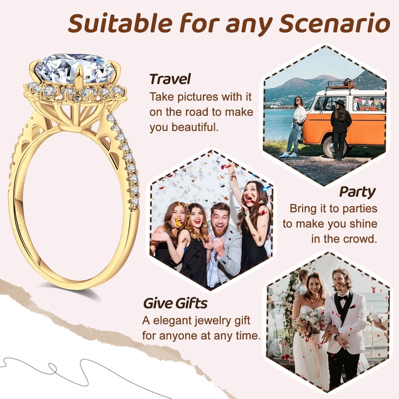 Aurora&Fiori 0.5carat Round Cut Moissanite Engagement Ring for Women 18K Yellow Gold Plated S925 Sterling Silver Flower Halo Promise Ring