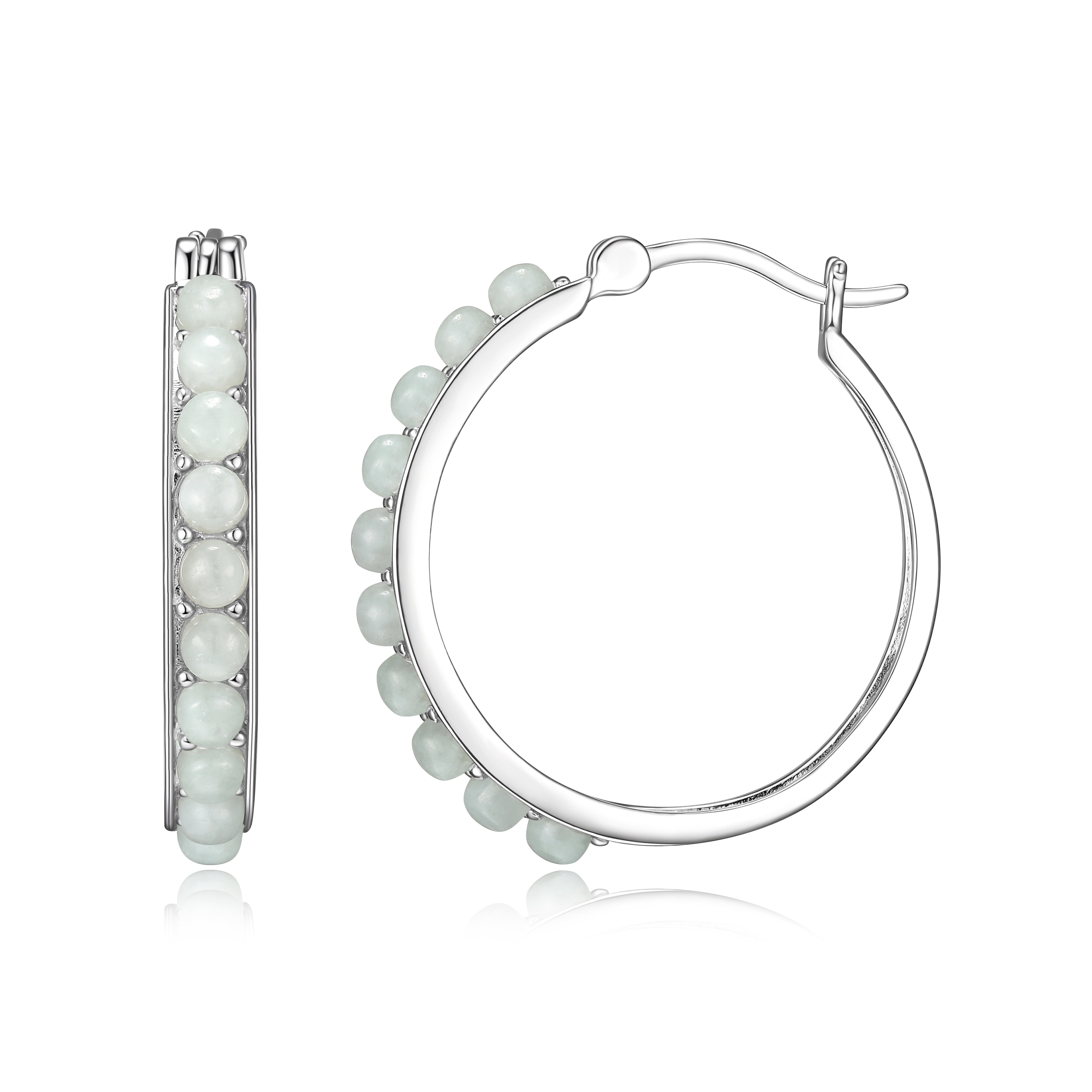 Forever Facets Women's Platinum over Sterling Silver Green Jade 3x2mm Hoop Earring