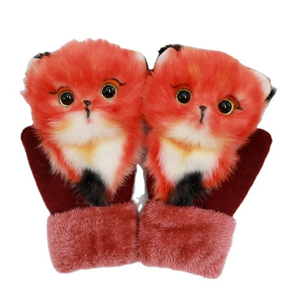Women Men Winter Knitted Gloves Cute 3D Fluffy Cartoon Animal Thermal Mittens