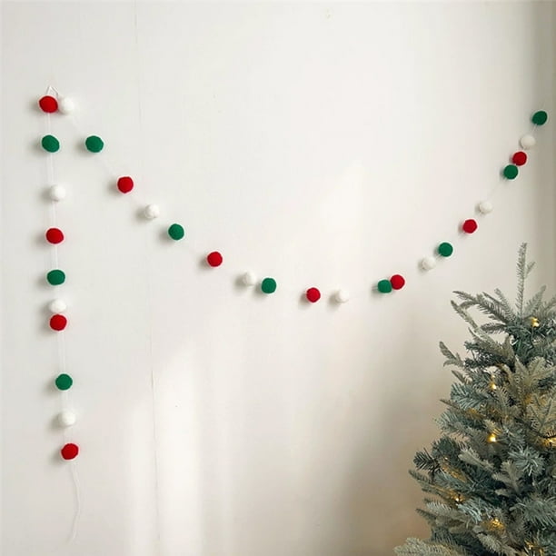 Corona de bolas de fieltro de lana hecha a mano | Guirnalda navideña de 2 m con 30 bolas rojas, blancas y verdes | Decoración navideña para chimenea, árbol y escalera