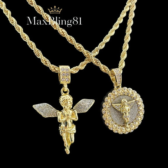Hip Hop Iced Gold Plated Angel CZ & Pendant 4mm 24" Rope Chain 2 Fashion Necklace Set