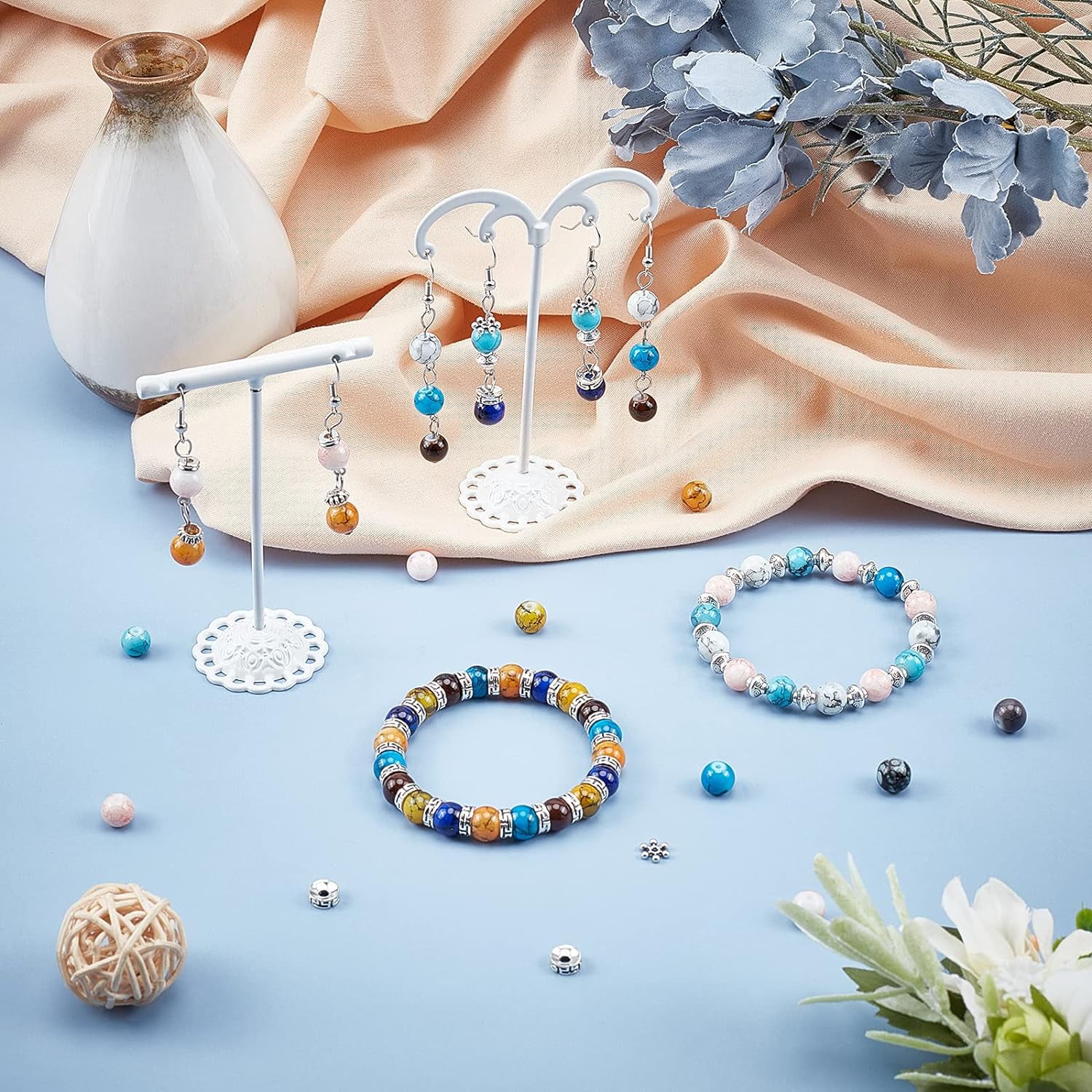1 Box 200Pcs 10 Colors 8mm Glass Beads Jewellery Making Kit 150Pcs Alloy Loose Spacer Bead with Beading Needle Earring Hooks Elastic Thread Steel Scissors for DIY Jewelry Making Multi-color