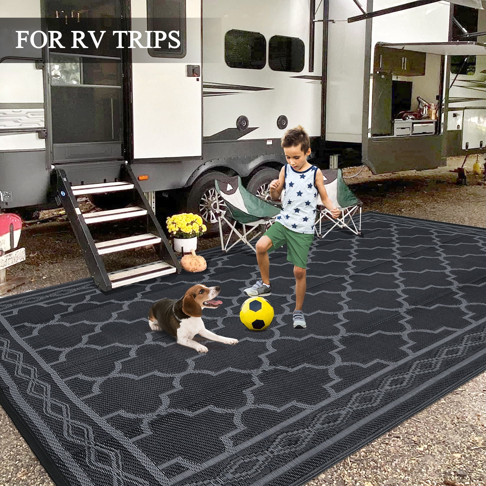 Garvee Outdoor Rug 9x18ft Waterproof for Patios, Reversible Plastic Straw Rug Camping Carpet Mats for RV, Picnic, Backyard, Deck, Balcony, Porch,Beach, Black & Gray