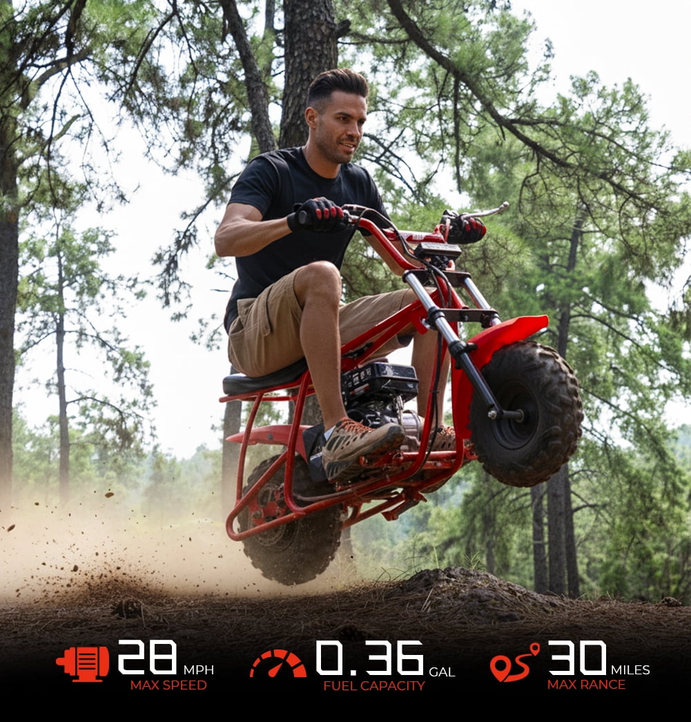 Upgraded 99cc 4-Stroke Gas Mini Bike for Ages 13+, Pull Start, Suspension Front Fork, Hydraulic Brakes, SUNF Tires, Up to 28 MPH, 220 lb Capacity – Red