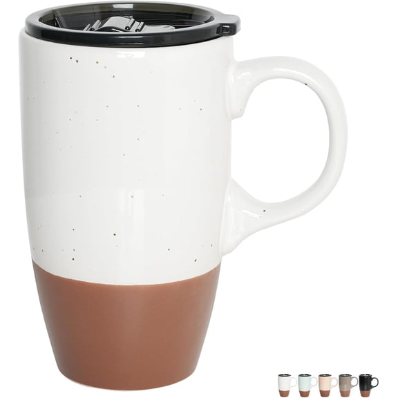 Ceramic Travel Coffee Mug with Handle and Lid, 18 oz, Portable Coffee Cup for Car Cup Holder, Microwave and Dishwasher Safe (White)