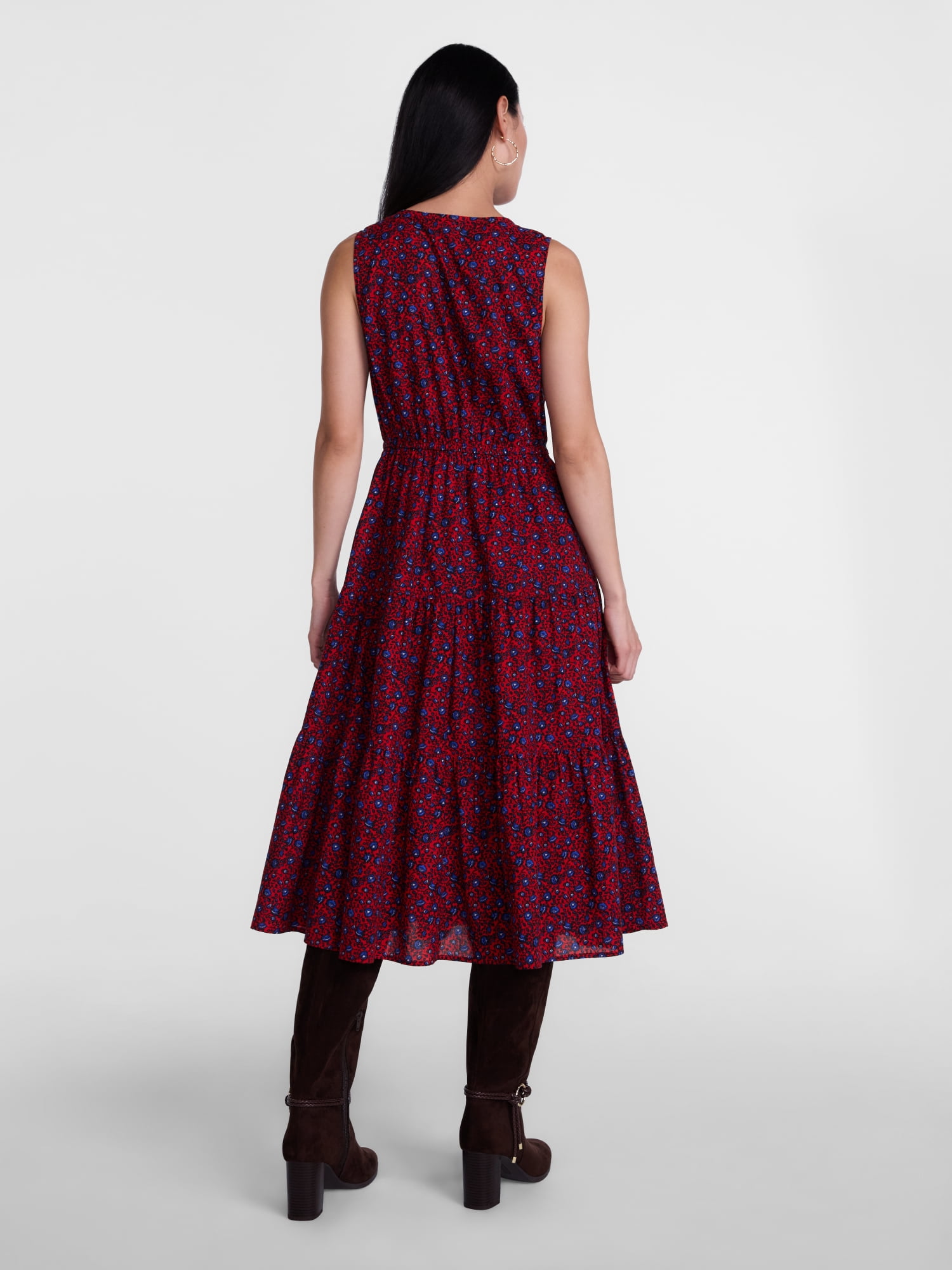 Scenario Women's and Women's Plus Sleeveless Tie Neck Tiered Midi Dress, Sizes XS-4X