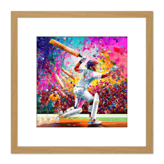 Colourful Cricket Batsman Vibrant Modern Pink Splatter Oil Painting Square Wooden Framed Wall Art Print Picture 8X8 Inch