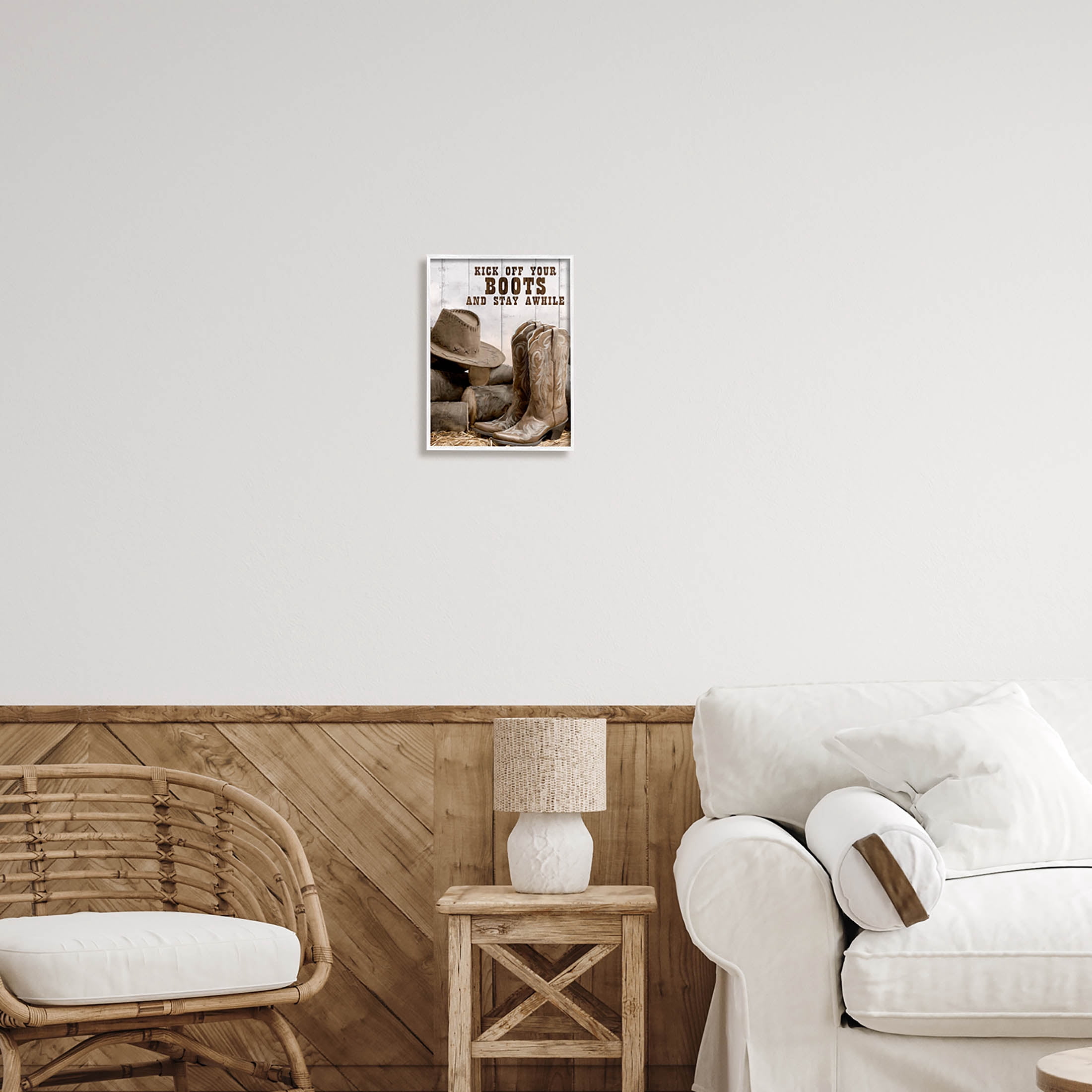 Kick Off Boots Stay Awhile Phrase Inspirational Graphic Art White Framed Art Print Wall Art