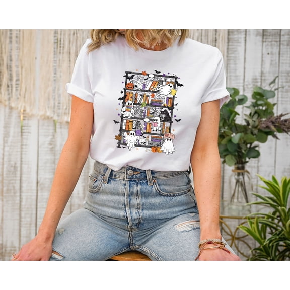 Moonlight Apparel Halloween Ghost Book Lover T-Shirt for Women Spooky Bookshelf Reading Graphic Tee Cute Fall Ghost Pumpkin Bat Shirt Funny Bookworm Bookish Reader