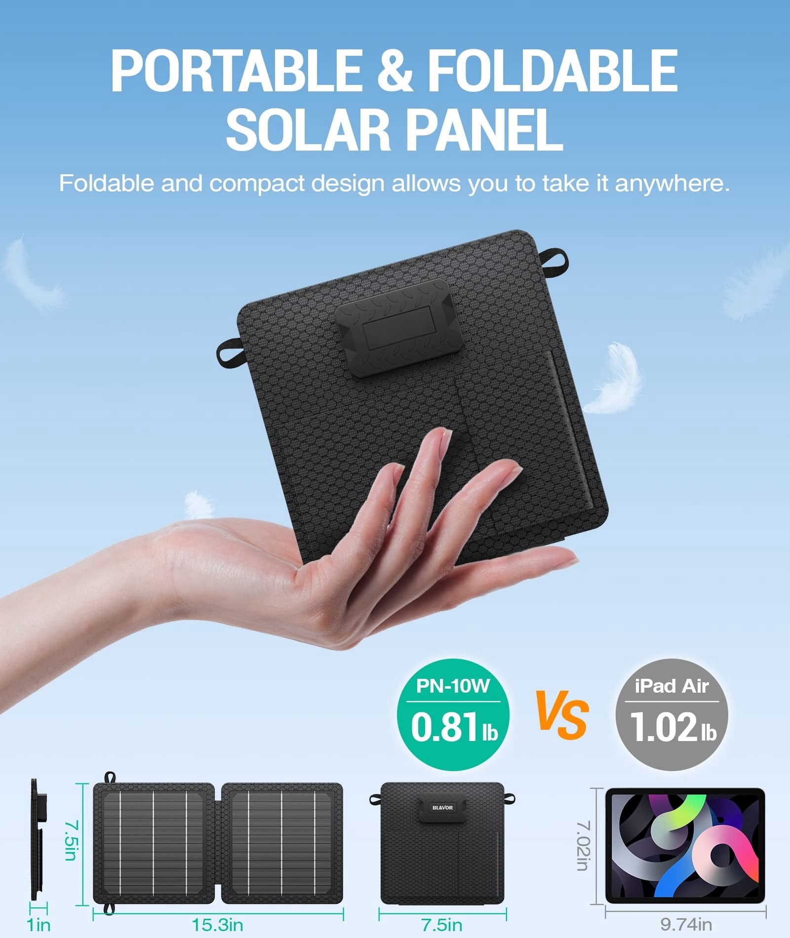 10W Foldable Portable Solar Charger with Dual USB Outputs, 24% High Efficiency Solar Panels, Waterproof, Dustproof & Shockproof, Compatible with Most Devices