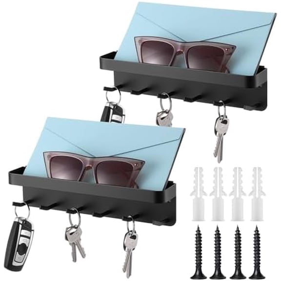 2 Pack Magnetic Key Holder, 9.6 Inch Wall Mount Key Rack with Tray Mail Organizer, 6 Hooks, 2 Installation Options for Entryway, Kitchen, Office, Black
