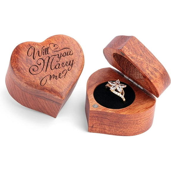 Handicraftviet - Handmade Wooden Ring Box Heart, Unique Proposal Ring Box Engraved With Will you marry me? (Heart Shape Ring Box)