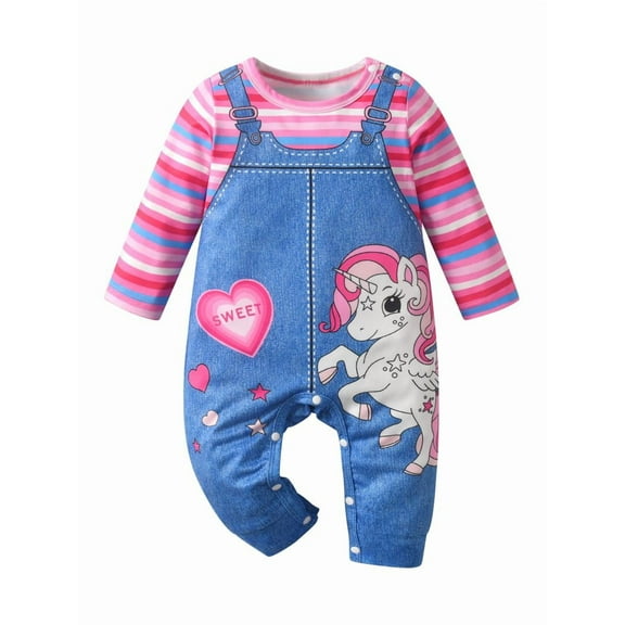 Infant Baby Girl Clothes Long Sleeve Faux-two Romper Cartoon Pattern Jumpsuit Blue 3-6 Months