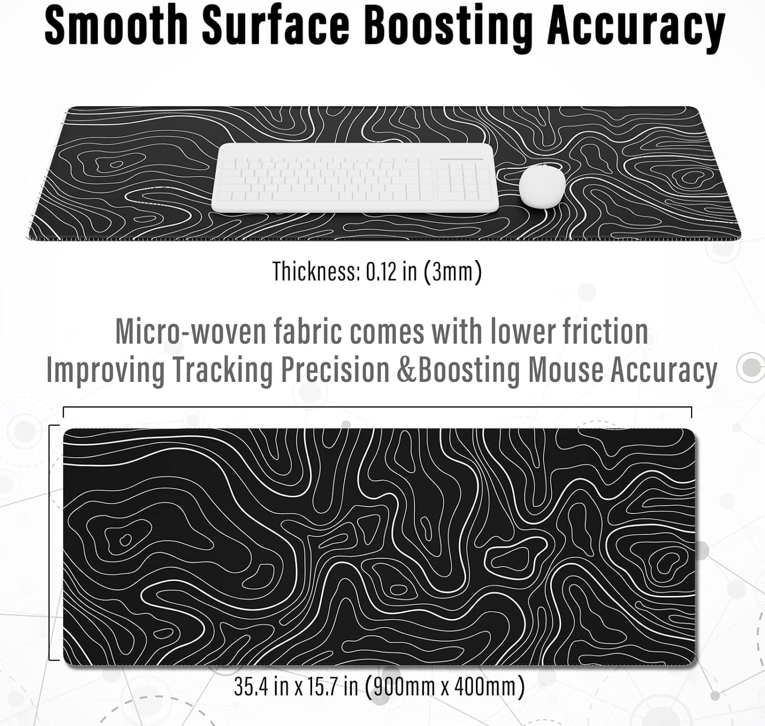 Large Gaming Mouse Pad with Stitched Edges, Minimalist Topographic Map Mouse Pad, Extended XL Mousepad with Anti-Slip Base, Cool Mouse Pad for Keyboard and Mouse, 35.4 x 15.7 in, Black