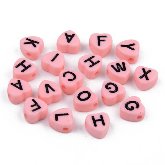 200pcs Opaque Acrylic Enamel Beads Horizontal Hole Heart with Mixed Black Letters Pink 7x7x4mm Hole: 1.5mm