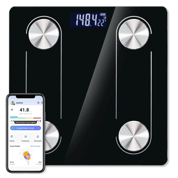 Báscula corporal digital Trainr Trnr-BDYSCLE-BLK, báscula esencial para el hogar, accesorio de baño duradero, compatible con sistemas operativos Apple y Android, equipo de entrenamiento y fitness.